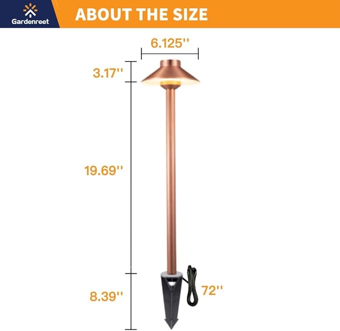 Gardenreet LED Copper Brass Landscape Lights(Hat) Waterproof Outdoor 12V Low Voltage Path Lights for Sideway Garden with Ground Stake Without G4 Bulb(10 Pack)