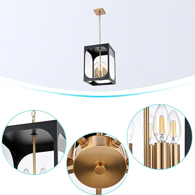 BONLICHT Large Outdoor Pendant Light Fixture 5 Light Modern Black Brass Outdoor Chandelier Porch Light with Clear Glass Exterior Pendant Lamp Ceiling Mount Hanging Lantern for Hallway Entrance Outside