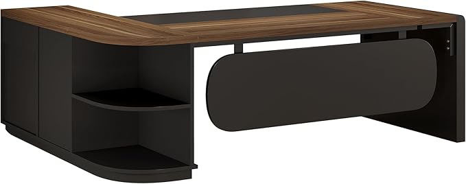 Tribesigns 80'' L-Shaped Desk, Large Executive Office Desk with 55'' Drawers Cabinet, Modern Commercial Office Table with Storage Shelves, Business Furniture for Home Office, Brown & Black