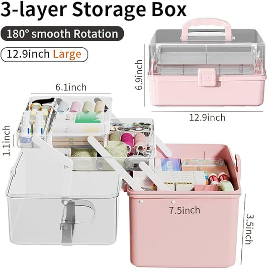 12.9in Three-Layer Multipurpose Storage Box with Handle Portable Tackle Box Folding Art & Craft Case Sewing Supplies Organizer for Makeup, Medicine, Nail, Hair Accessories (Haze Green)