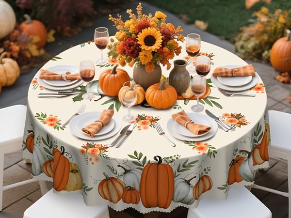 Eikione Fall Tablecloth 60Inch, Round Pumpkin Tablecloth, Thanksgiving Table Cover for Party Dining Picnic Table Decorations