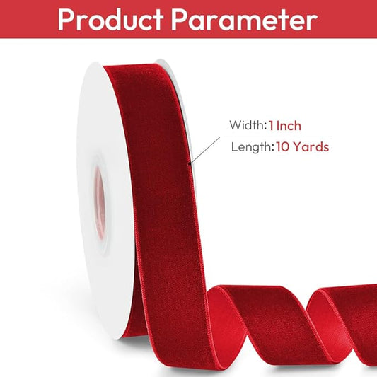 1" Wide Velvet Ribbon, 10 Yards - Red Velvet Ribbon on Spool for Crafts, Gift Wrapping, DIY, Hair Bows, Wedding Invitations, Parties, Valentine's Day, and Christmas