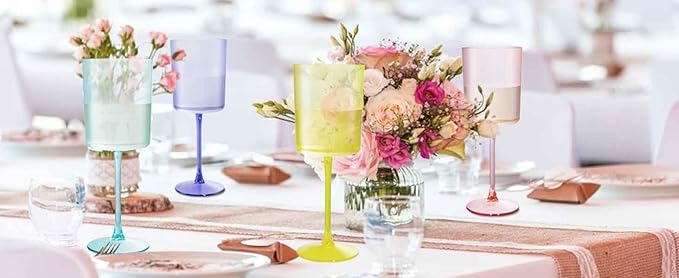 Ciaell 4 Pack Plastic Drinking Glasses - 10 Oz Plastic Glasses with Stem - Disposable Glasses Perfect for Parties & Weddings & Poolside & Outdoors & Camping (Pink Green Purple Yellow)