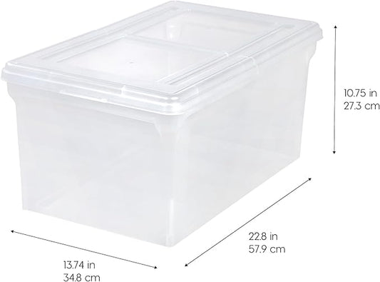 IRIS USA File Box, File Organizer w/Hinged Split Lid for Letter File, Important Document Box, Plastic Storage Filing Bin for Moving, Stackable Nestable Portable, Clear 44 Qt. 5 Pack