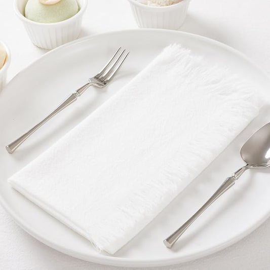 12 Pack Ivory White Cotton Linen Napkins with Fringe Christmas White Cloth Napkins Set of 12 Boho Handmade Holiday Napkins Bulk for Wedding Baby Shower Parties, 17 x 17 Inches