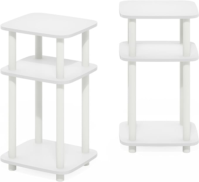 Furinno JUST Side Table Set of 2, 3-Tier Turn-N-Tube End Table with Open Shelf, Round Curve Corner Night Stand, Bedside Table, Easy Assembly, for Living Room, Bedroom, White