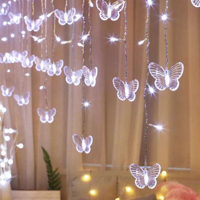 Butterfly Curtain Fairy Lights USB Plug in,120 LED 8 Modes 20FT Firefly Twinkle Icicle String Lights with Remote Timer Waterproof Copper Wire for Bedroom Patio Christmas Wedding Party Dorm(Cool White)