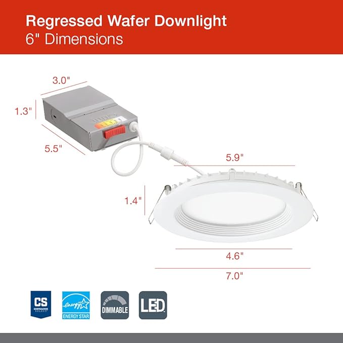 Juno LED Recessed Lights 6 Inch Round Wafer Downlight, 5-in-1 Switchable White Color Temperature, 120 Volts, 6-Inch Regressed Trim, Matte White, 6-Pack (WF6 REG SWW5 90CRI CP6 MW M2)