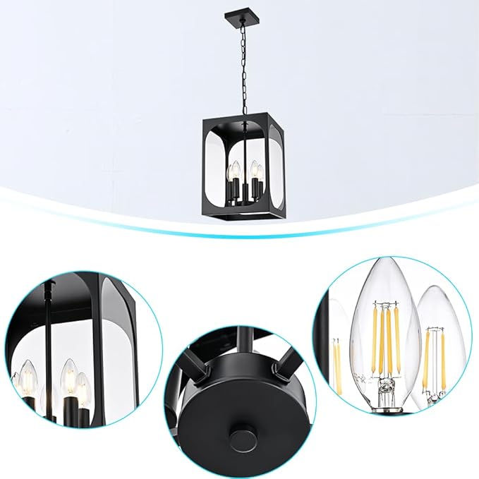BONLICHT Large Outdoor Chandelier for Porch, 5-Light Modern Outdoor Pendant Light with Clear Glass,Black Exterior Pendant Lighting Fixture Ceiling Mount Pendant Lantern for Patio Doorway Foyer Garden