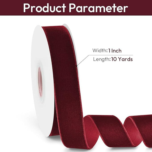 1" Wide Velvet Ribbon, 10 Yards - Burgundy Vine Red Velvet Ribbon on Spool for Crafts, Gift Wrapping, DIY, Hair Bows, Wedding Invitations, Parties, Valentine's Day, and Christmas