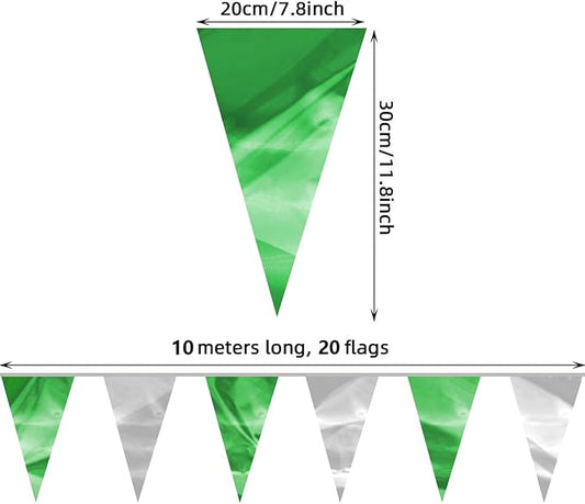 130FT Green Silver Glitter Triangle Pennant Banner Flag Metallic Bunting Fabric Garland for Christmas Graduation Wedding Engagement Anniversary Bachelorette Bridal Shower Valentine's Party Decor