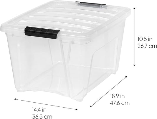 IRIS USA 32 Qt Stackable Plastic Storage Bins with Lids, 4 Pack - BPA-Free, Made in USA - See-Through Organizing Solution, Latches, Durable Nestable Containers, Secure Pull Handle - Clear