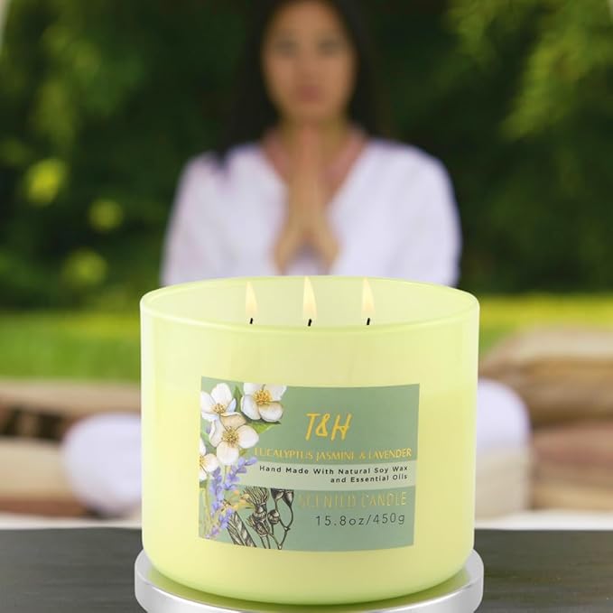 T&H Eucalyptus Jasmine Lavender 3-Wick Soy Candle 15.8 oz | Large Lavender Woods Scented Candle for Home | Aromatherapy Stress Relief Candle for Men & Women | Highly Scented, Long-Lasting Clean Burn