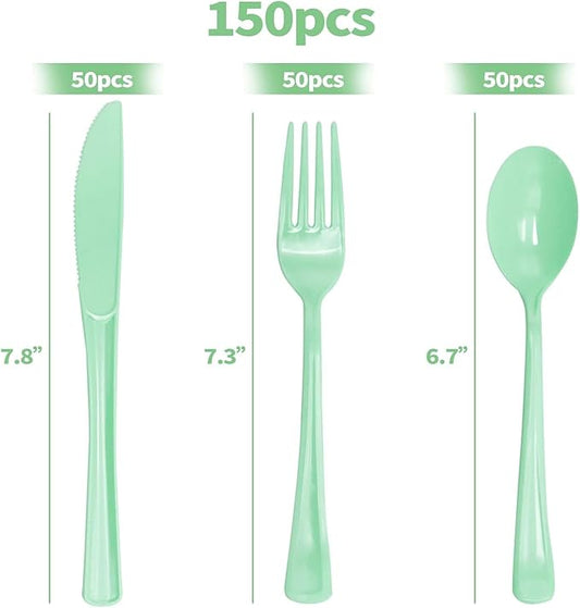 150 PCS Sage Green Plastic Silverware Heavy Duty Mint Green Utensil Sets Include 50 Disposable Plastic Forks, 50 Knives, 50 Spoons for Birthday, Baby Shower, Picnic, Spring Party, Wedding