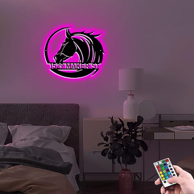 Personalized Name Horse Lamp Custom Wooden/Metal Horse Night Light Horse Wall Art LED Horse Light Farmhouse House Sign Horse Themed Gifts for Girl Birthday Christmas(Horse Address Light)