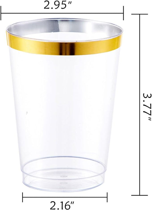 I00000 100PCS Gold Plastic Cups,10 oz Clear Plastic Cups with Gold Trim, Beer Mugs,Disposable Hard Cup For Party, Premium Cup Perfect for Wedding & Party
