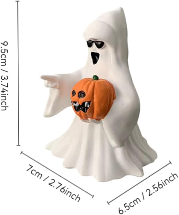 Halloween Ghost Figurine - Spooky Resin Ghost Statue, Cute Finger Ghost Ornaments, Perfect for Indoor & Porch Halloween Decor (Ghost with Pumpkin)