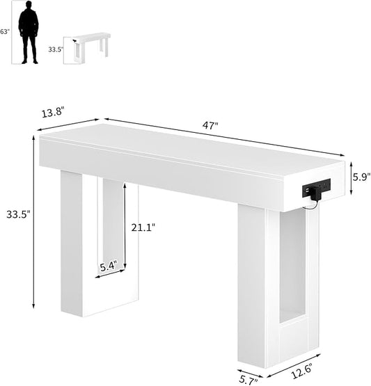 Unikito 47" Entryway Table with Socket and Sensor Light, Narrow Console Table with Storage Behind Couch, Farmhouse Entry Way Tables with Open Storage for Entrance/Hallway/Living Room, White