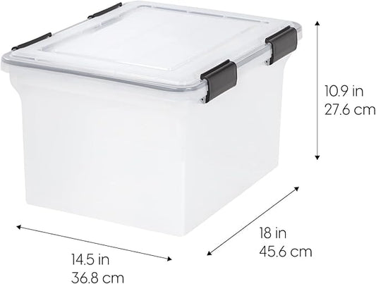 IRIS USA File Box WeatherPro File Organizer Plastic File Box for Letter/Legal File, Water Resistant Document Box, Durable Lid, Seal w/Secure Latching Buckles, Stackable, Nestable, Clear 32 Qt. 4Pack