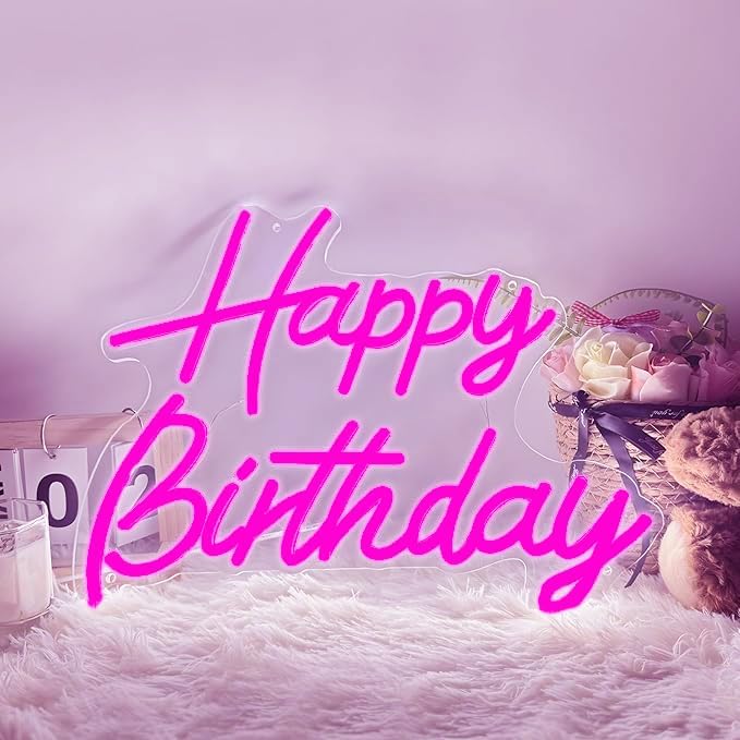 Happy Birthday Neon Sign for Wall Decor, Led Signs with Dimmable Switch, USB Powered Happy Birthday Backdrop Light Up Signs for Party Decorations, 16.1"x12.2" Pink