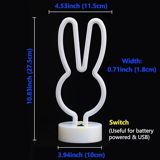 Easter Decorations Neon Bunny Lights, Creative Bunny Neon Signs with Base, Battery/USB Operated, Multi-colored Rabbit Lights for Home, Kids, Spring Decor