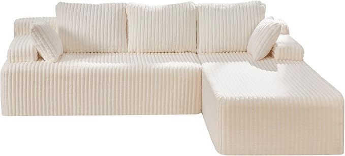 Modular Sectional Sofa Couches L-Shape Couch 3 Seat Modular Sofa Memory Foam Sectional Couches for Living Room, Cloud Couch with Oversized Chaise (White Stripe, 98" Right Facing Chaise)
