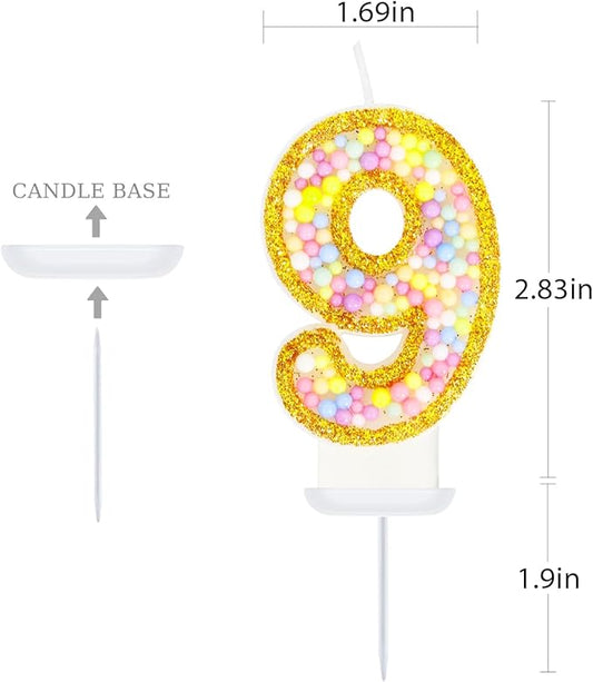 9th Birthday Candle for Cake, Colorful Macaron Numeral Candles for Girls/Boys, Birthday Party Cake Decorations, Golden Cake Topper for Birthday Party Supplies (Number 9)