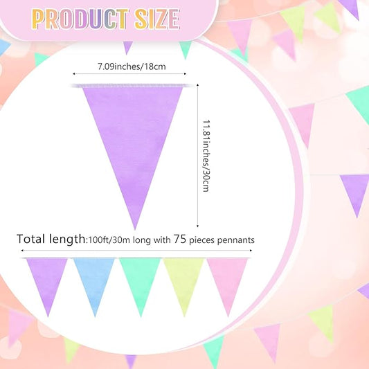 100 Feet Pennant Banners Flags 75 Solid String Triangle Flags for Grand Opening, Carnival Theme Birthday Party Decoration Outdoor Events Classroom Decoration(Macaron Color)