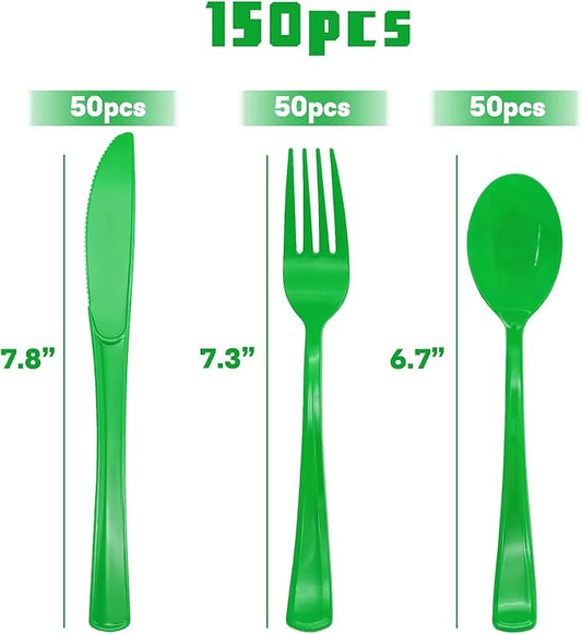 150 Pack Green Plastic Silverware, Green Utensils, Disposable Plastic Cutlery Set Include 50 Forks, 50 Knives, 50 Spoons for St Patrick's Day, Birthday, Graduation Party