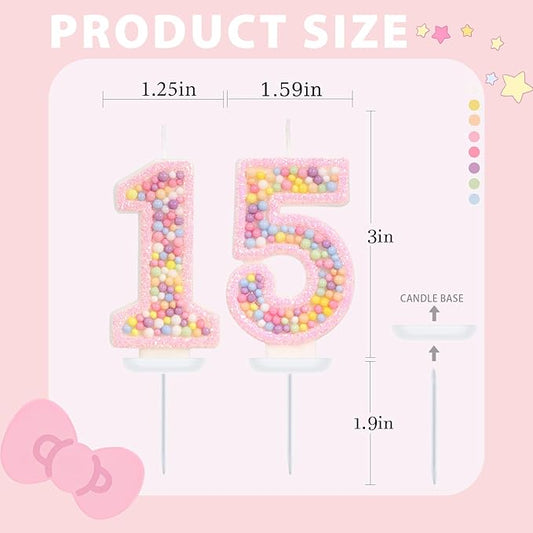 Birthday Candles - Number 15 Candle, Colorful Macaron Candles, 15 Birthday Decorations for Girls, Sweet Cake Decorations, Sweet Theme Party Supplies (Pink)