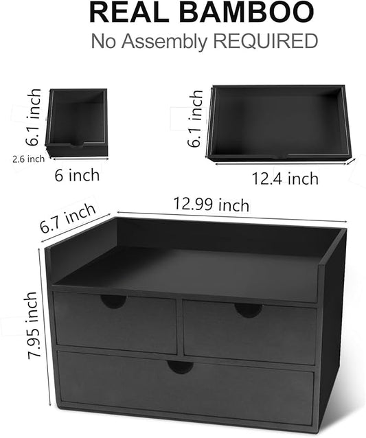 Bamboo Desk Organizer 3 Drawer with Shelf, Countertop Organizer with Drawers Makeup Storage Drawer 3 Drawers Tabletop Storage Organization Box Home Office Workspace(Black)