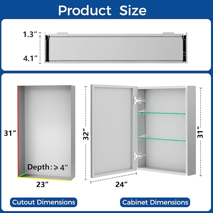 BROBIGBathroom Medicine Cabinet with Mirror, 24x32 Recessed or Wall Mirror Medicine Cabinet with Storage Adjustable Glass Shelves, Beveled Edge Mirrored Door with Aluminum Cabinet Hinges