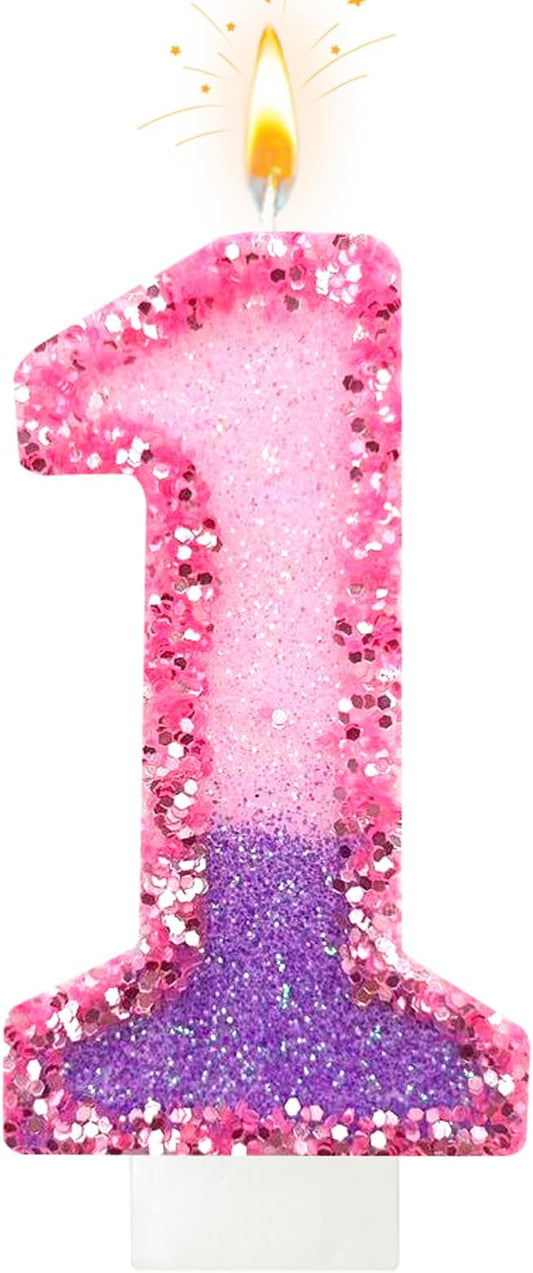 Birthday Number Candles for Cake, Pink Purple Glitter Number Candles for Cake Toppers, Ideal Birthday Parties Cake Decor, Wedding Anniversary and Other Celebrations (1 Candle)