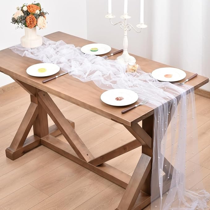 White Pearl Fall Thanksgiving Table Runner Boho Rustic Tulle Lace Table Runner for Baby Shower Wedding Arch Decor Veil Dessert Table Decor 3pcs