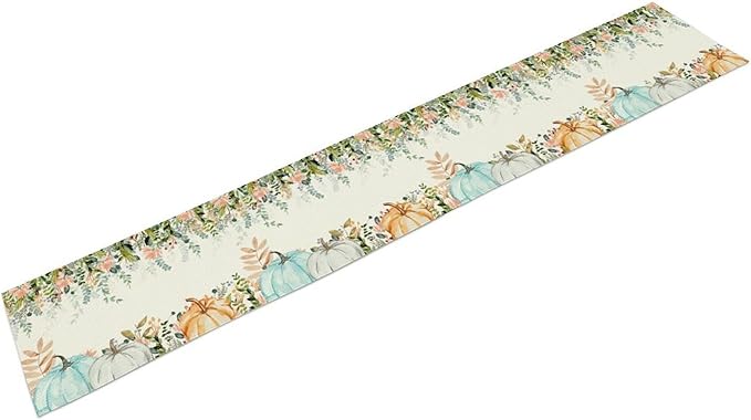 Fall Table Runner Blue Pumpkin Colorful Eucalyptus Leaves Thanksgiving Orange Green Watercolor Illustration Decor for Farmhouse Indoor Outdoor Party Holiday Dining Kitchen Restaurant Cafe W13xL90in