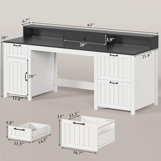 SEDETA Farmhouse 63" Executive Desk, Home Office Desk with File Drawer and Monitor Stand, Computer Desk with Drawers and Storage Cabinet, Wood Desk for Work Study Writing, White