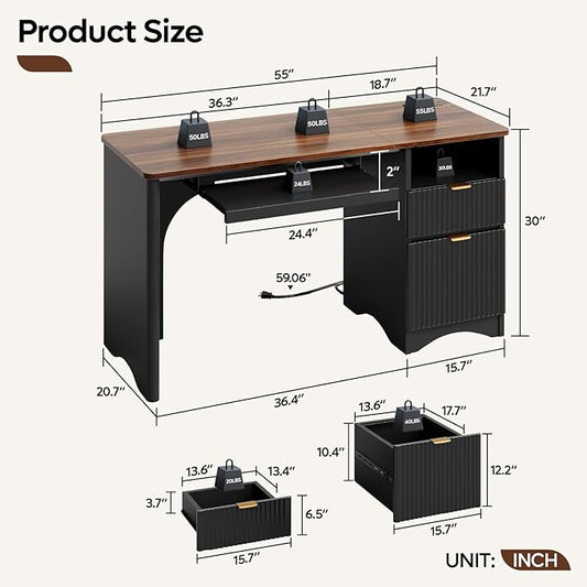 Bestier Computer Desk with Keyboard Tray, 55 inch Office Desk with Power Outlet, Modern Home Office Desk with File Drawer (Walnut with Black, 55" W with Single-Sided Drawers)