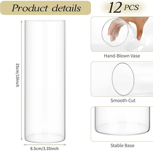 12 Pack Glass Cylinder Vases 10 Inch Tall Clear Flower Vase for Centerpieces, Hurricane Floating Candle Holder Wedding Decorations, Floral Vase Bulk for Table Shelf Party Home Deco (10 x 3.35 Inch)