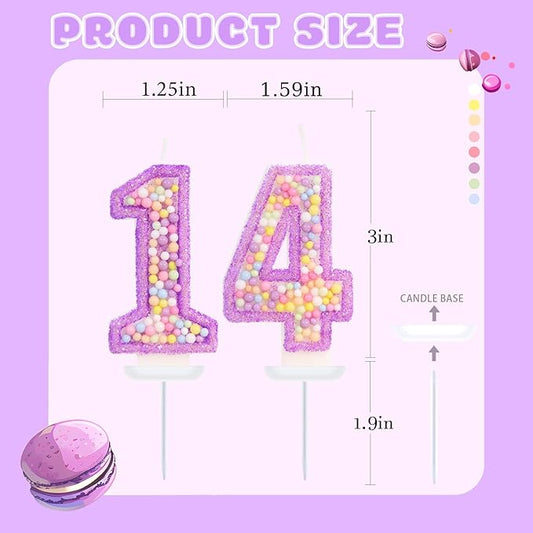 Purple Birthday Candles - Number 14 Candle, Colorful Macaron Candles, 14 Birthday Decorations for Girls, Purple Cake Decorations, Theme Party Supplies