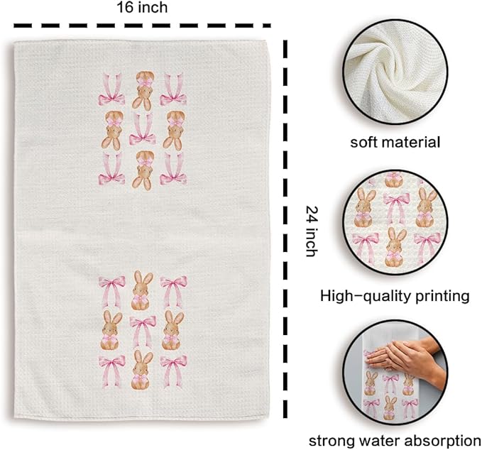 Coquette Pink Bow Easter Bunny Kitchen Towels Set of 2, CuteEaster Hand Towels, Easter Bunny Ears Dish Towels Dishcloths Tea Towels for Kitchen, EasterKitchen Bathroom Decor, 16x24 Inch