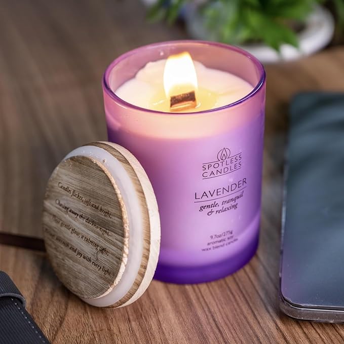 Lavender Candle - 9.7 oz /275g Lavender Scented Candle in Purple Glass Jar with Wooden Lid and Wooden Crackling Wick in a Luxurious Gift Box - Gentle, Tranquil and Relaxing
