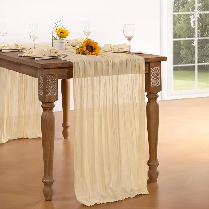 Beige Cheesecloth Table Runner 12 Pack Christmas Table Runners 120 Inches Boho Gauze Cream Cheese Cloth Table Decor for Xmas Holiday Season Parties Wedding Bridal Baby Shower