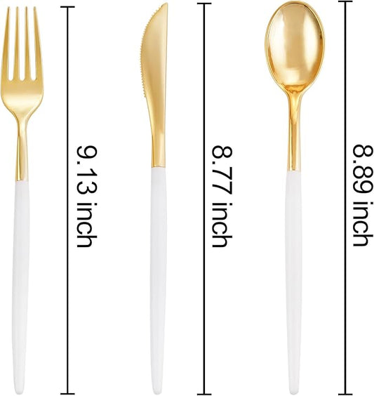 I00000 300 Pcs Gold Plastic Silverware - Gold Disposable Silverware - Premium White Cutlery Set Include 100 Forks 100 Knives 100 Spoons,Plastic Cutlery Party Set for Party & Wedding