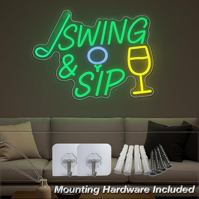 SWING & SIP Neon Sign for Golf Lovers, LED Wall Light for Home Bar, Office, Lounge, Party Decor, Golf Simulator Room Tournament After-Party, Man Cave Gift for Golfer Friends