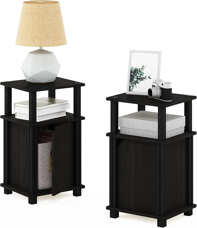 Furinno Brahms 3-Tier End Side Sofa Table/Nighstand with Door, 2-Pack, Espresso/Black