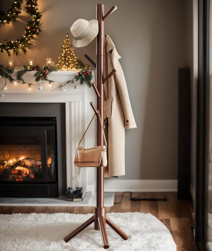 Pipishell Sturdy Wooden Coat Tree with 8 Hooks, 3 Adjustable Sizes for Clothes, Hat Stand Used in Bedroom/Office/Entryway, Brown