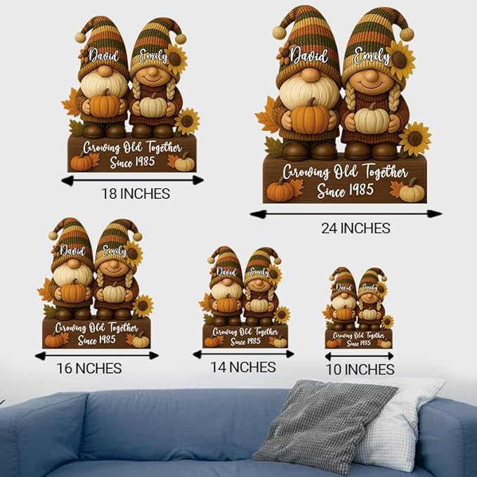 Autumn Growing Old Together Gnomes Wooden Sign, Gifts for Him Her Wife Husband, Custom Wood Plaque Anniversary Couples Gift, Valentine Christmas Gift For Parents, Grandparents Decorations Sign 33