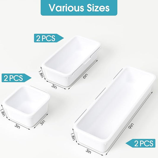 6 PCS Drawer Organizer Set, 3 Size Makeup Drawer Divider Organizer With Non-Slip Pads, Interlocking Plastic Storage Bins for Office,Jewelry Vanity,Gadgets, Bathroom,Kitchen, White