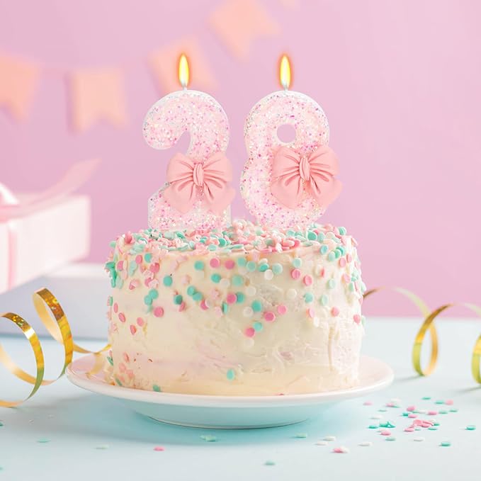 28th Birthday Candles for Cake, Pink Bow Number Cake Candles, 2.76 inch Number Happy Birthday Candle, Cake Topper Decoration for Birthday Party (Number 28)