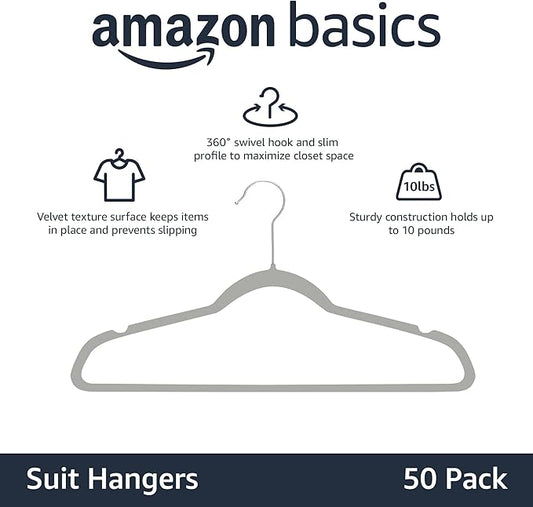 Amazon Basics Slim Velvet Non-Slip Space Saving Suit Clothes Hangers, Closet Organizer, Gray/Silver, 50-Pack